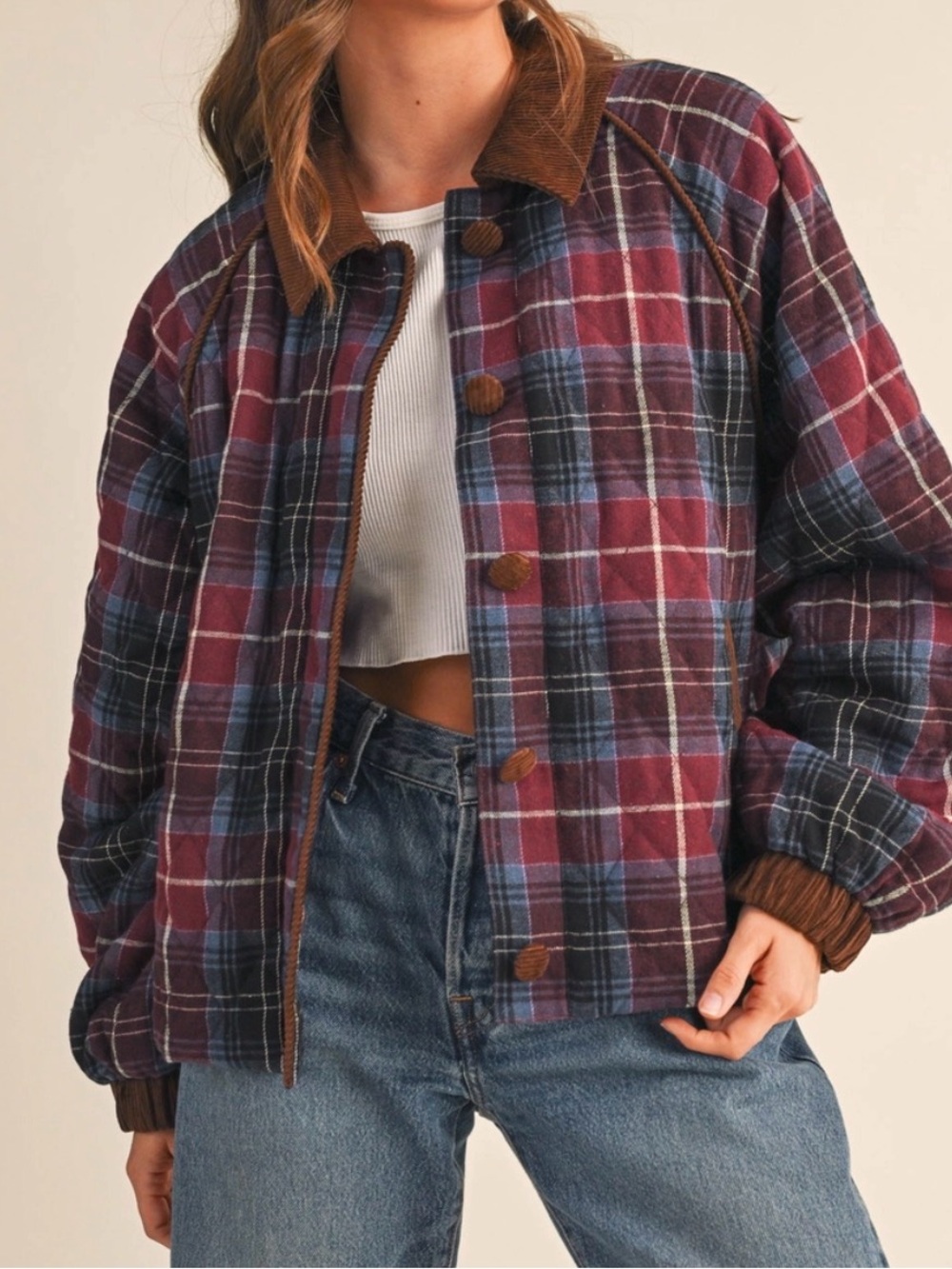 NWT Boutique Plaid Quilted Bomber Jacket - Burgundy/Blue